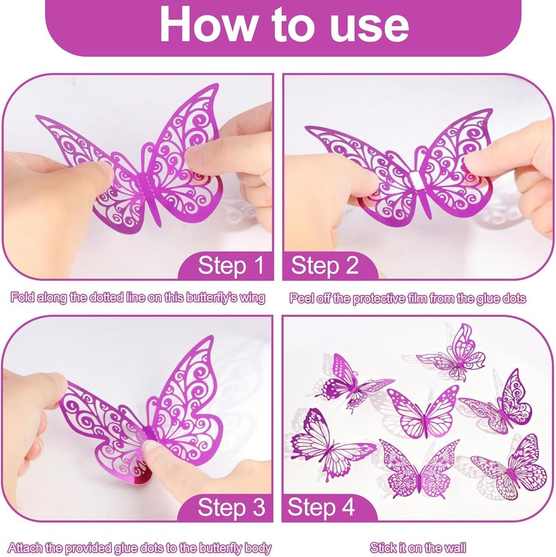 Rindion 84PCS 3D Butterfly Decorations, 3 Sizes 7 Styles Butterfly Wall Decor Purple Butterflies Decorations for Cake, Butterflies Party, Birthday, Wall - Image 4